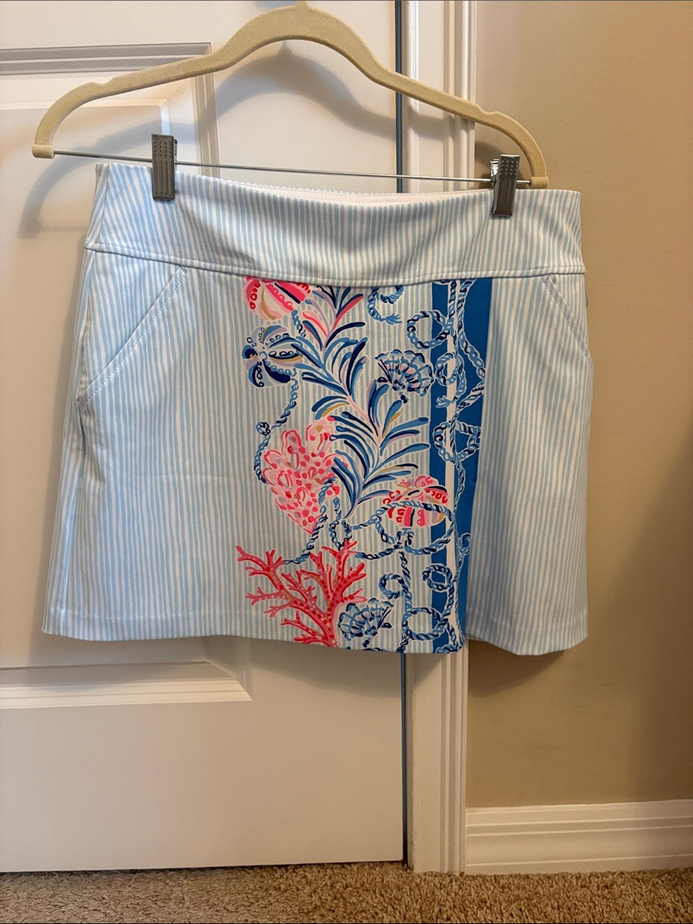 Lilly Pulitzer Blue Stripe Skort with Pink & Coral Floral Motif
